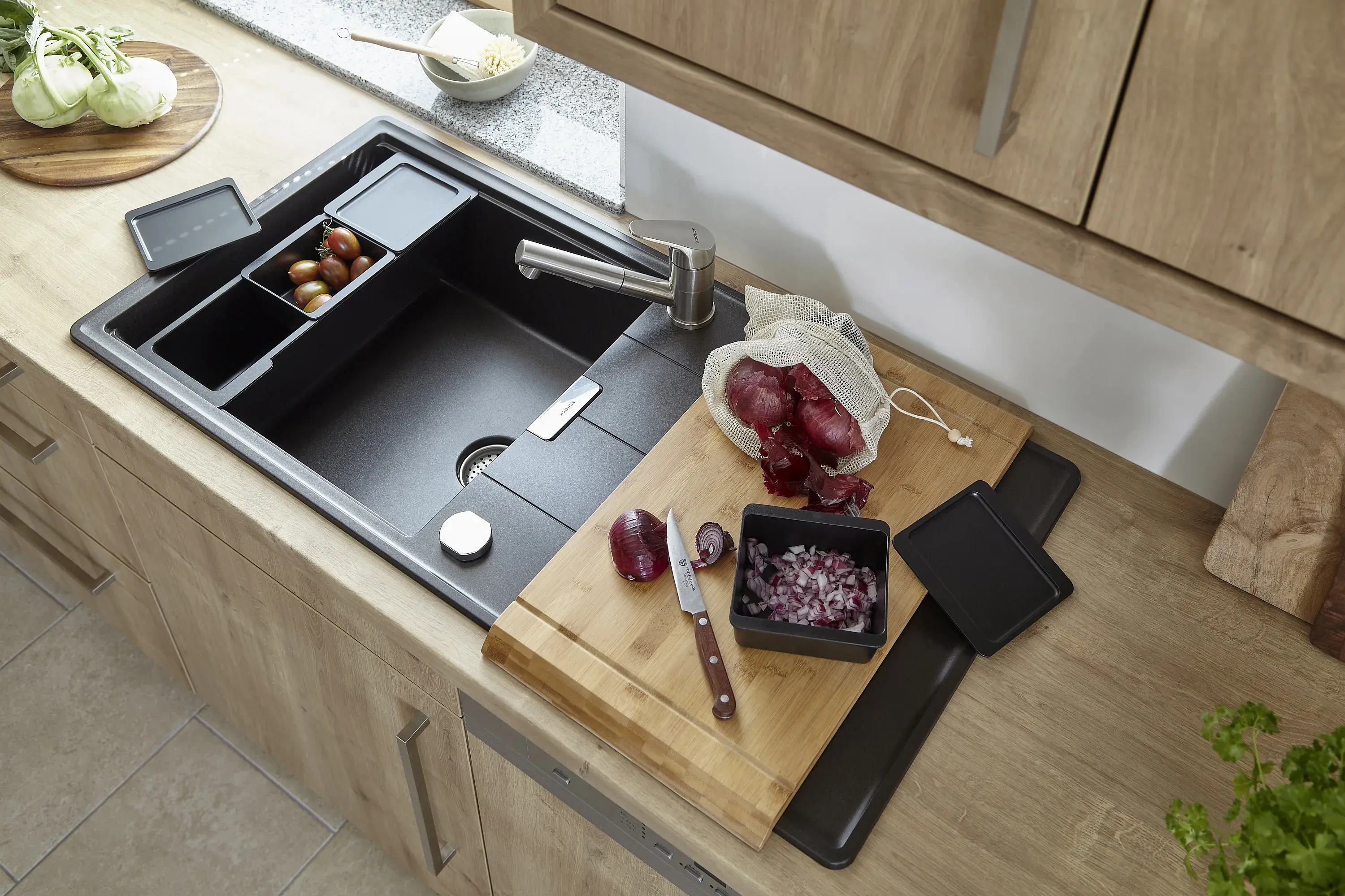 Schock Spüle Zubehör 3-geteilte Einhängeboxen verschiebbares Schneidebrett 